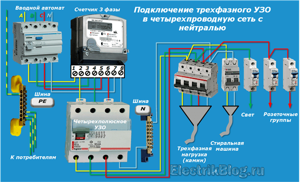 3 фазный автомат схема подключения