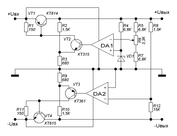 Схема двуполярного источника питания 15 вольт на транзисторах