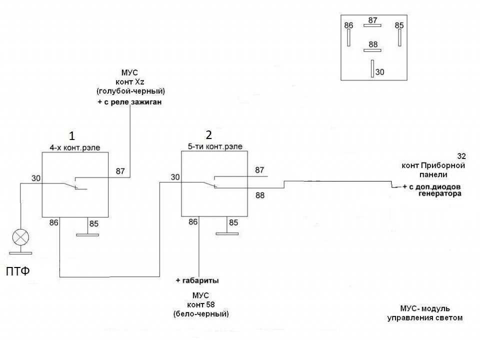 Схема подключения противотуманных фар калина через реле и кнопку схема