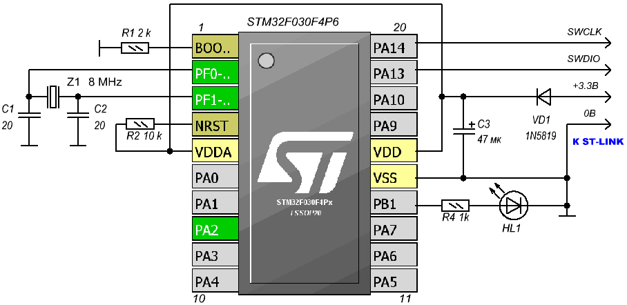 Stm32f030f4p6 отладочная плата схема