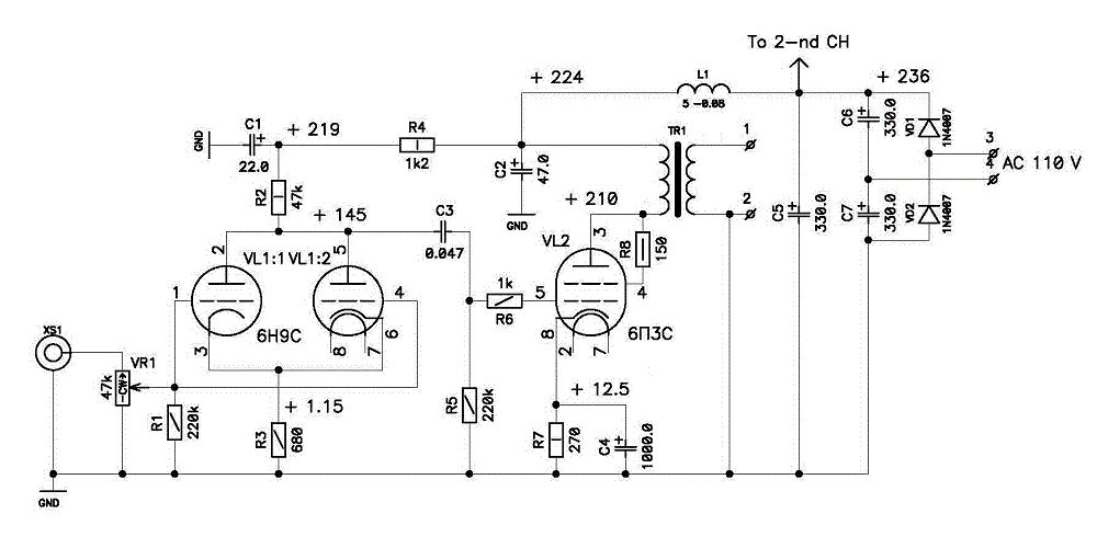 Схема предусилителя на 6н9с