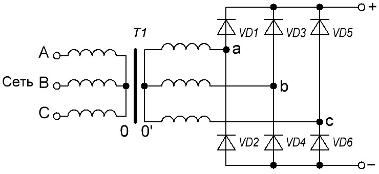 Трехфазный мостовой выпрямитель схема