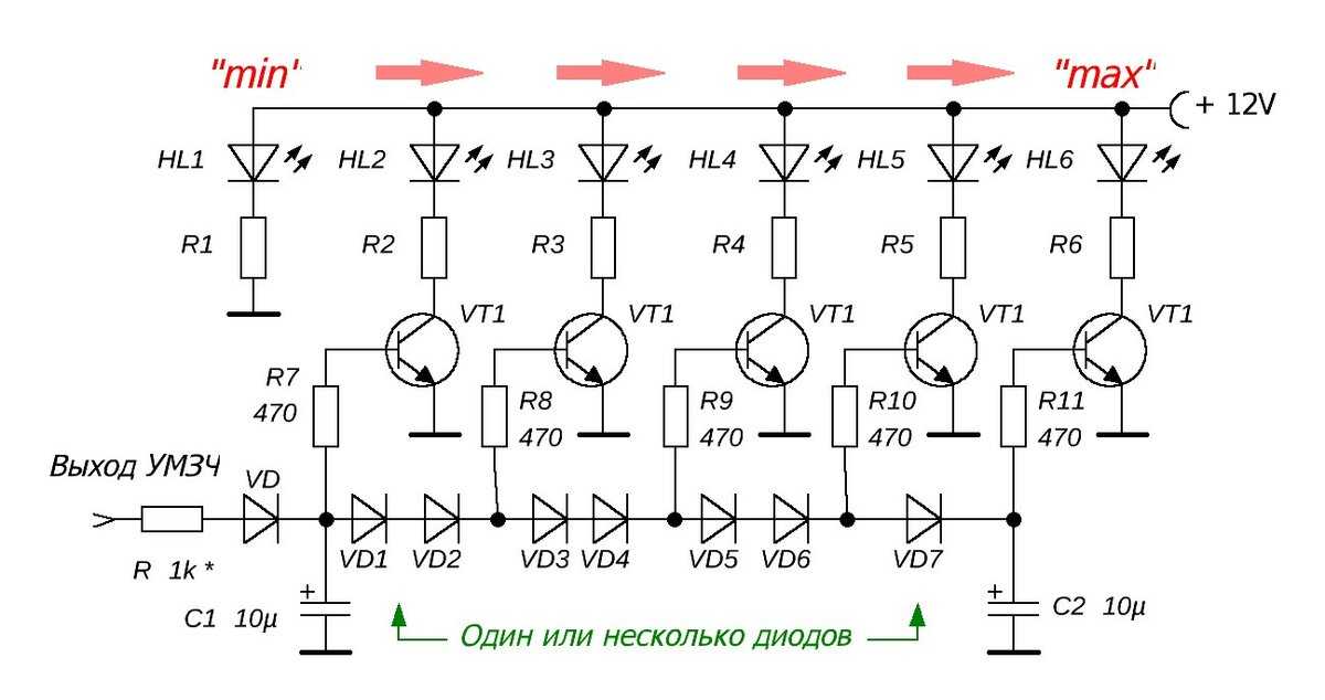 Схема пикового индикатора на светодиодах