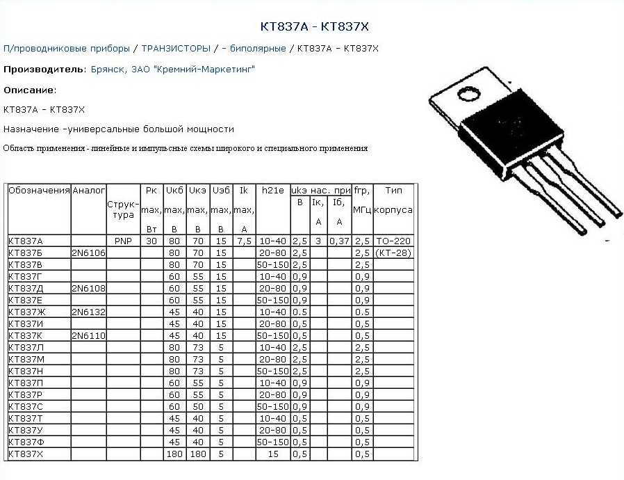 Кт837е характеристики схема подключения