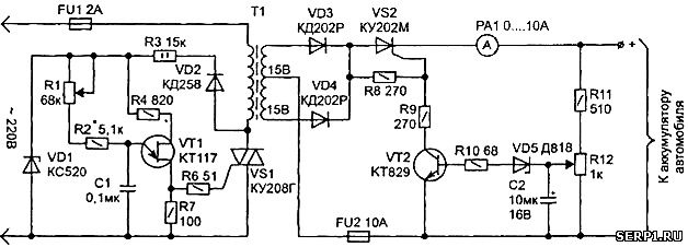 Схема зарядного устройства на тиристоре ку202н и кт117