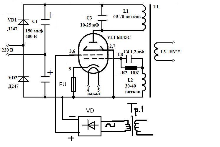 Схема ламповой катушки тесла