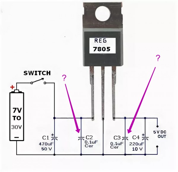7805 стабилизатор напряжения схема подключения