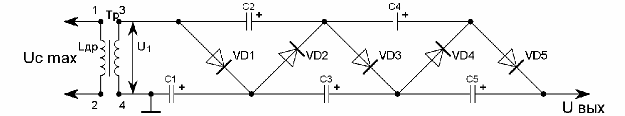 Схема умножителя напряжения на диодах и конденсаторах