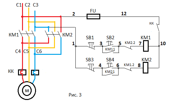 Реверс трехфазного двигателя схема