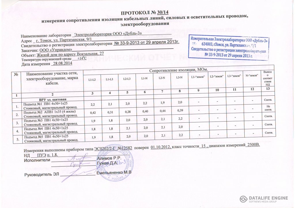 Протокол измерения сопротивления изоляции электропроводок образец