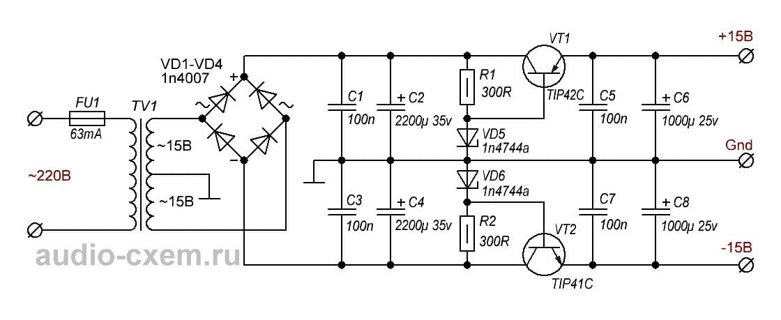 Двуполярный стабилизатор напряжения 15 вольт схема