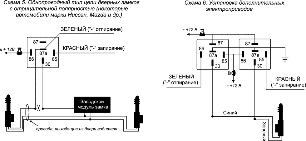 Схема подключения центрального замка через реле