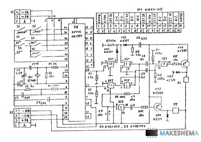 Часы электроника 6 схема принципиальная электрическая на к1035хл1