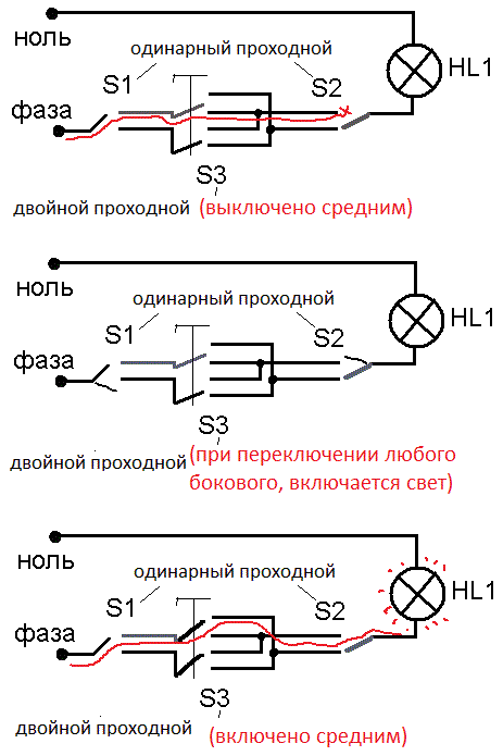 Включение лампочки с трех мест схема подключения