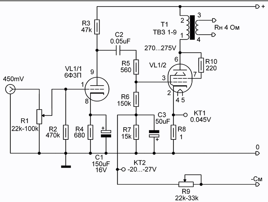 Схема усилителя на лампе 6ф5п