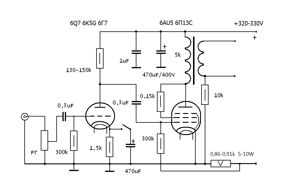 Схема простого лампового усилителя на 6п14п и 6н2п