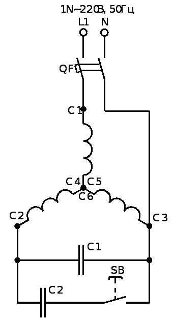 Подключение электродвигателя от стиральной машины с четырьмя выводами через конденсатор схема