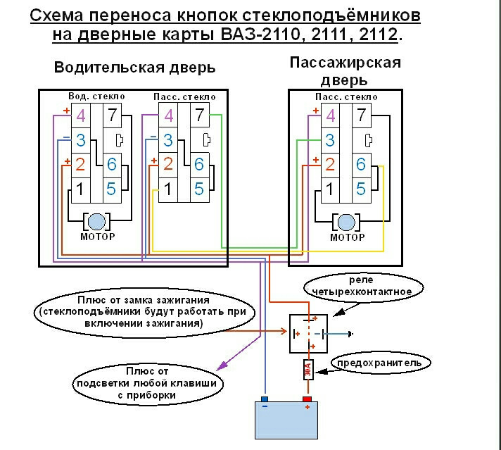 Электрическая схема подключения стеклоподъемников