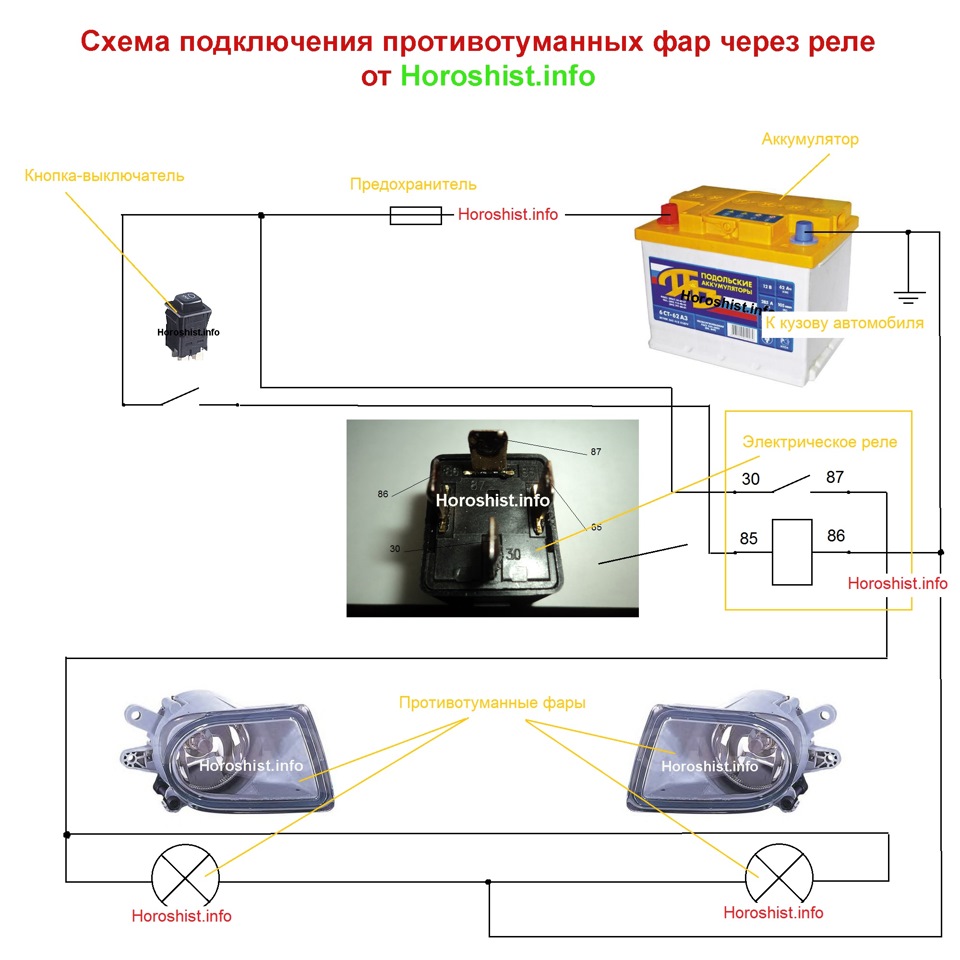 Схема подключения птф через реле и кнопку