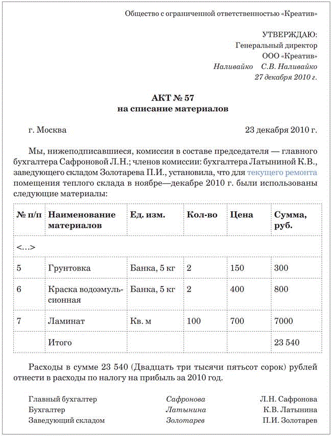 Причины списания телефона в акте на списание примеры