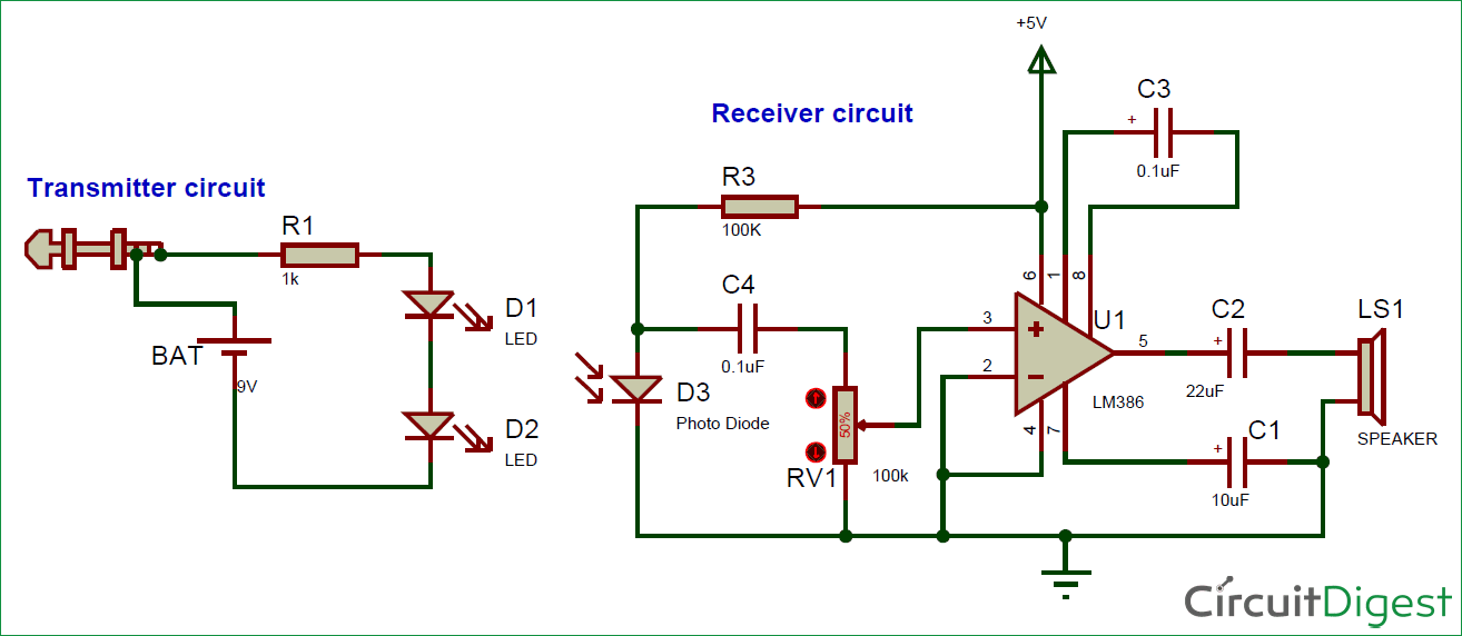 Circuit Diagram for IR based Audio Transmitter and Receiver Circuit