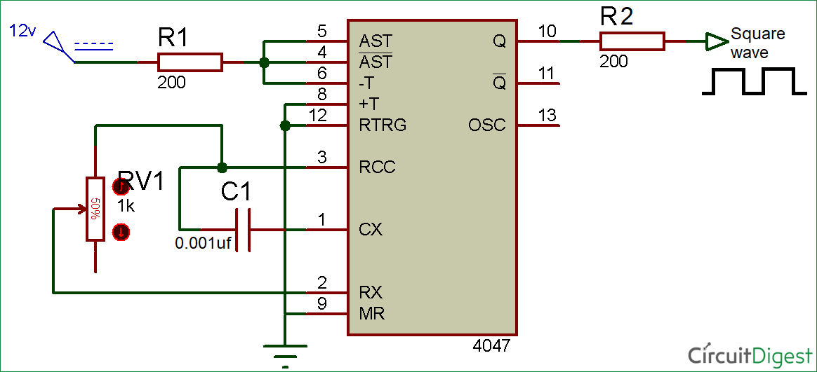 Square Wave Generator Circuit Diagram using 4047 IC