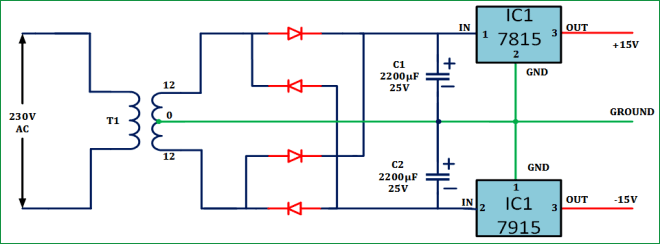 15v dual power supply for audio tone control circuit