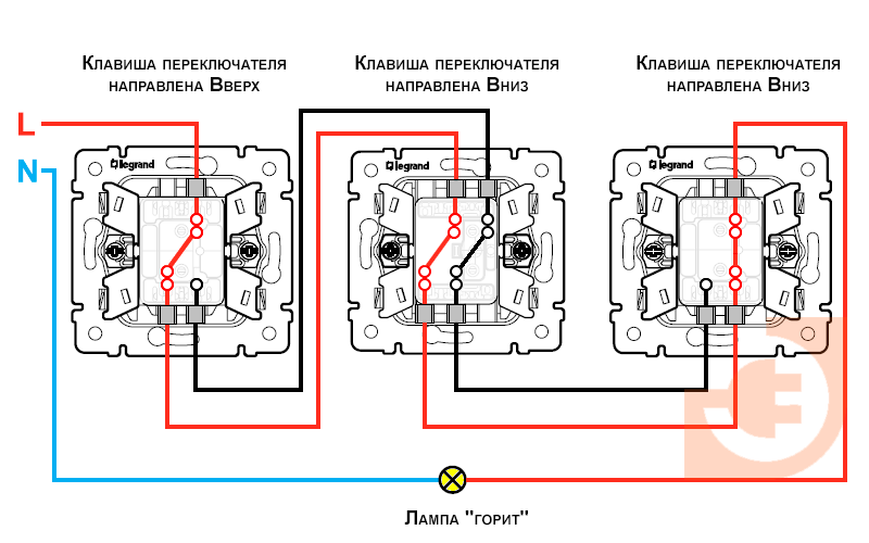 Схема трех проходных выключателей на один светильник