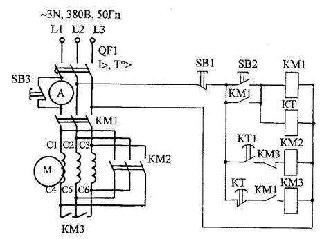 Схема подключения двигателя со звезды на треугольник через реле времени