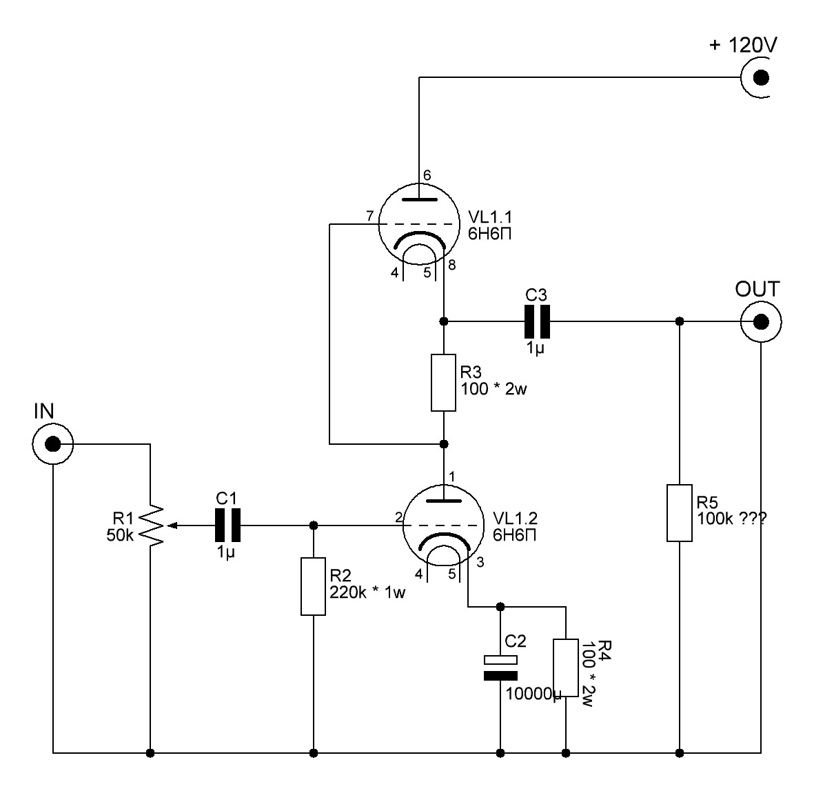 Ламповый предусилитель на 6ж1п схема