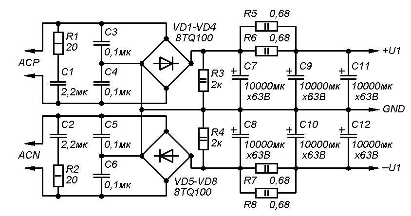 Двуполярный блок питания для усилителя мощности схема