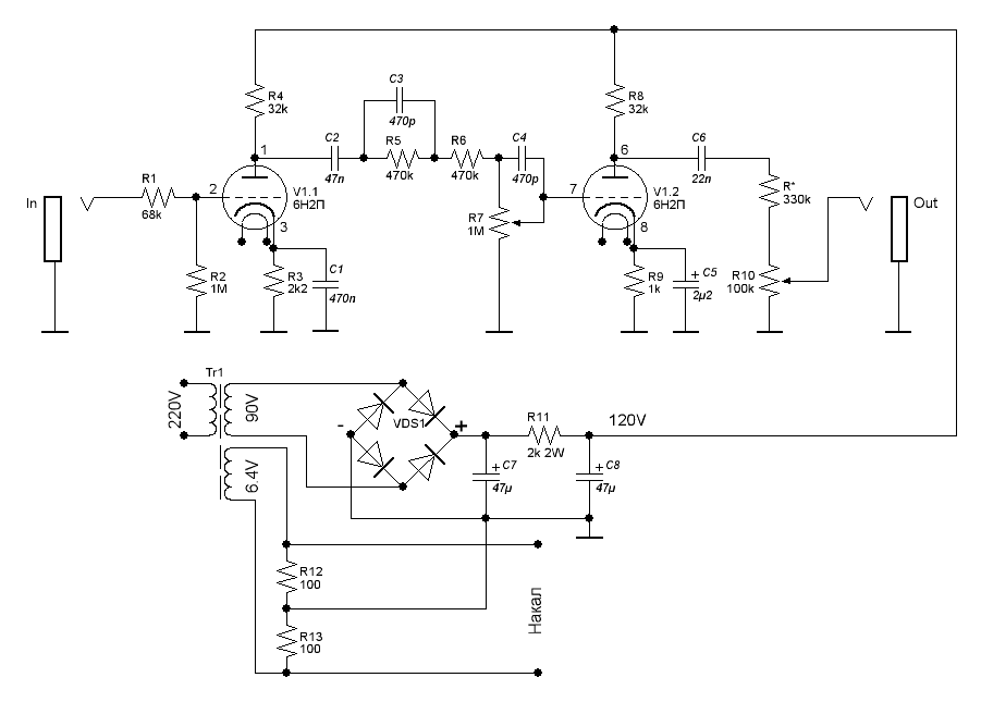 Предусилитель на лампах схема