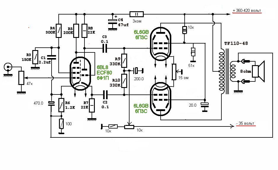 Схема простого лампового усилителя на 6п14п и 6н2п
