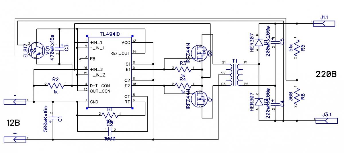 Инвертор 12 в 220 500вт схема