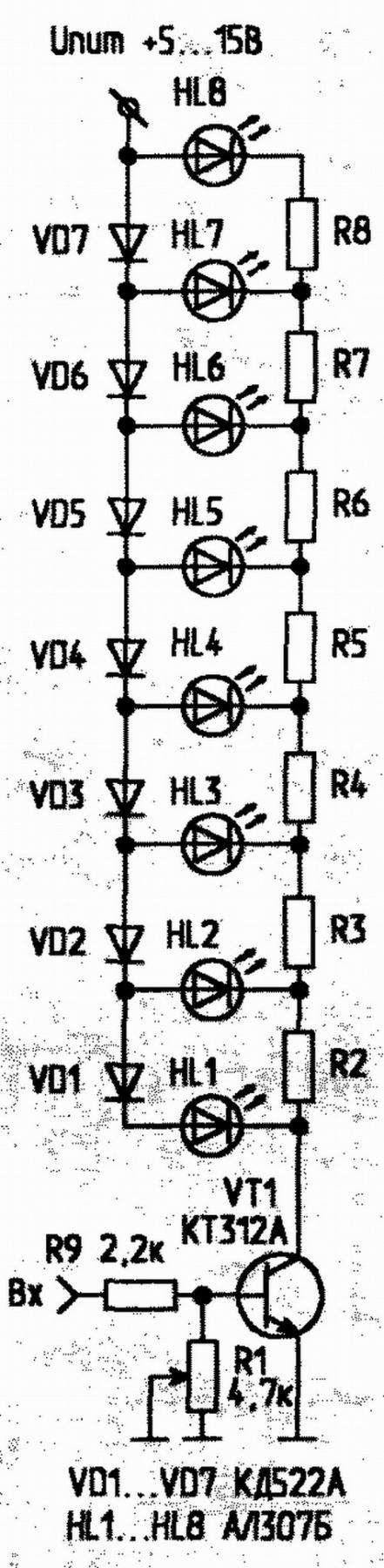 Индикатор напряжения на транзисторах схема