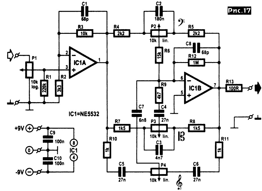 Трехполосный регулятор тембра схема