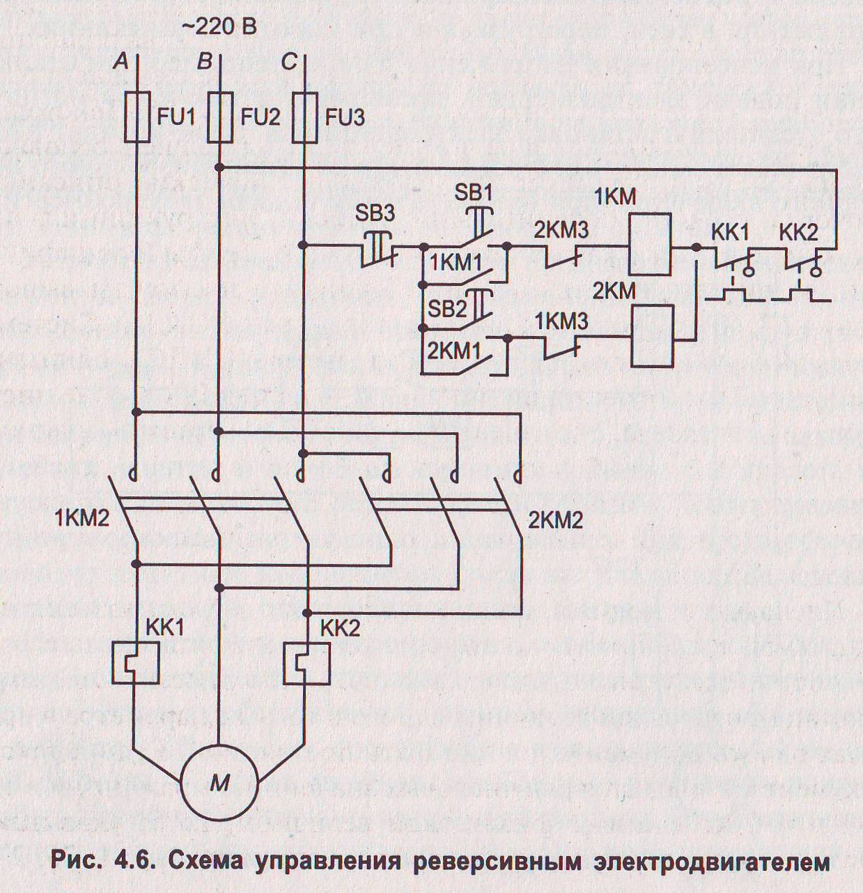 Схема подключения электродвигателя через магнитный пускатель с реверсом