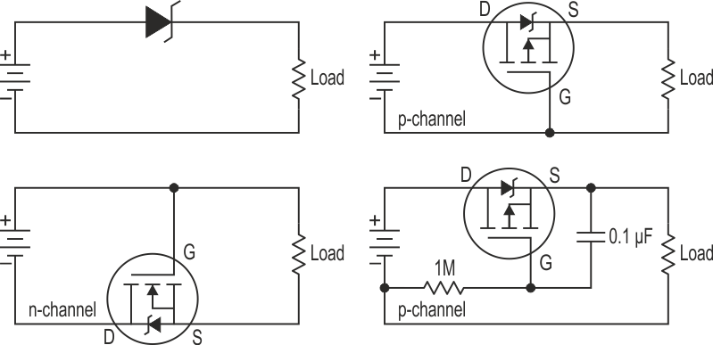 Защита полевого транзистора. MOSFET транзистор схема включения. Мосфет транзистор схема включения. Защита полярности на полевом транзисторе. Защита от неправильной полярности схема.