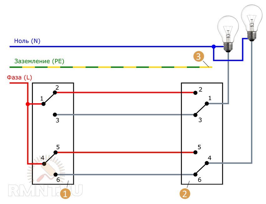 Схема проходного выключателя с двух мест на 2 лампочки в картинках для чайников