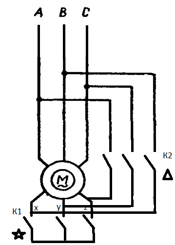 Схема переключения электродвигателя со звезды на треугольник