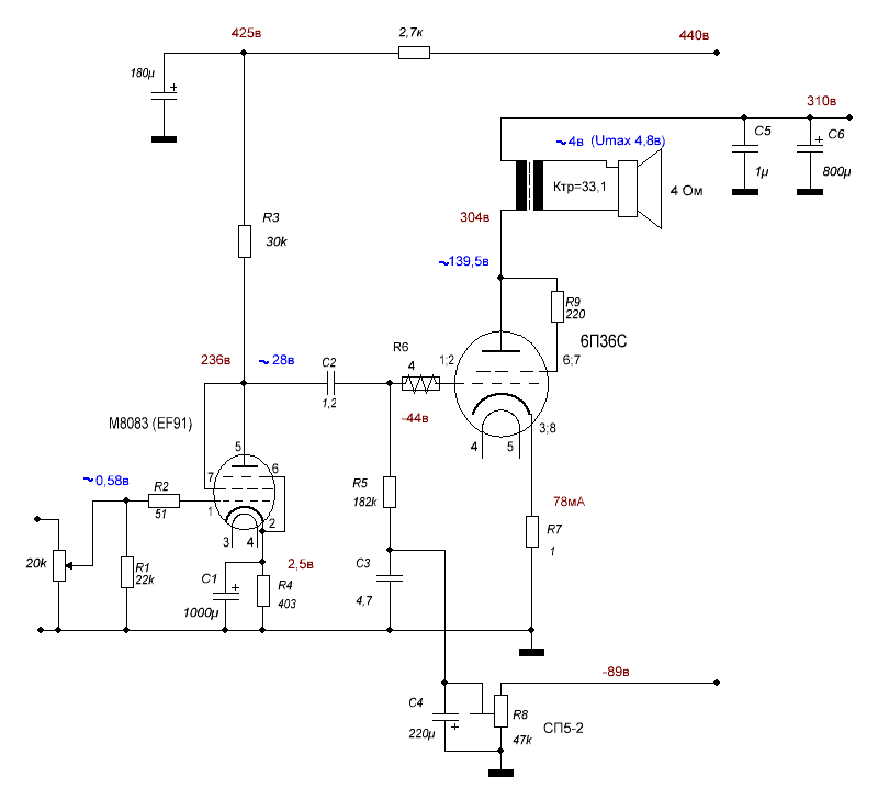 Усилитель ламповый на 6с4с схема