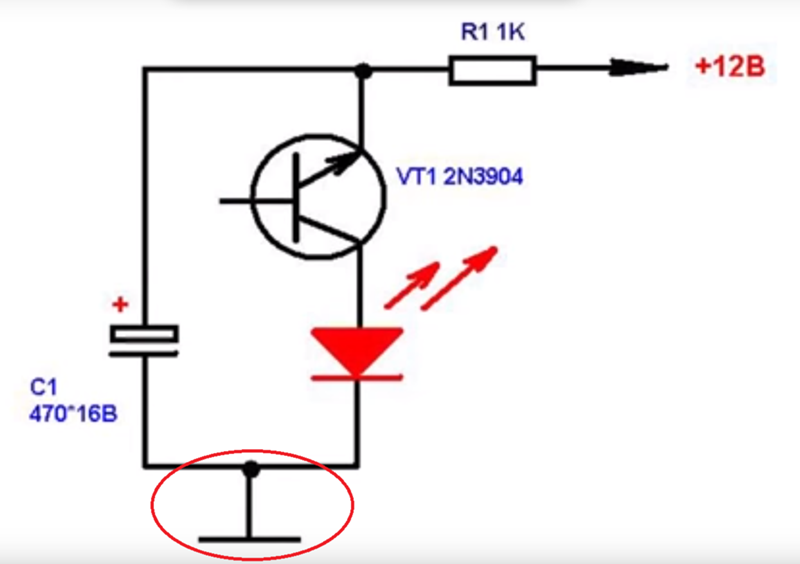 Мигание светодиода на транзисторе схема