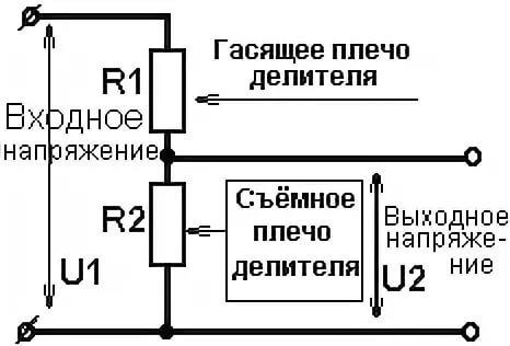 Уменьшить напряжение тока. Формула делителя напряжения на резисторах. Делитель напряжения на переменном резисторе. Схема понижения постоянного напряжения резистором. Делитель напряжения на 100 для переменного тока.