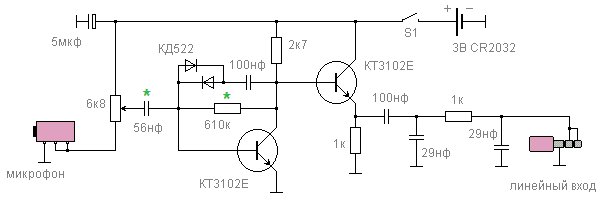 Простая схема микрофонного усилителя на одном транзисторе