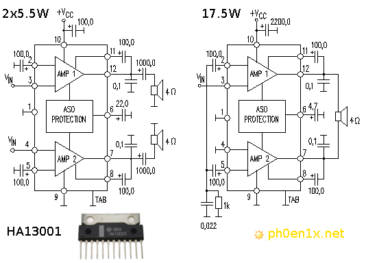 Принципиальная схема двухканального и мостового усилителя мощности на HA13001