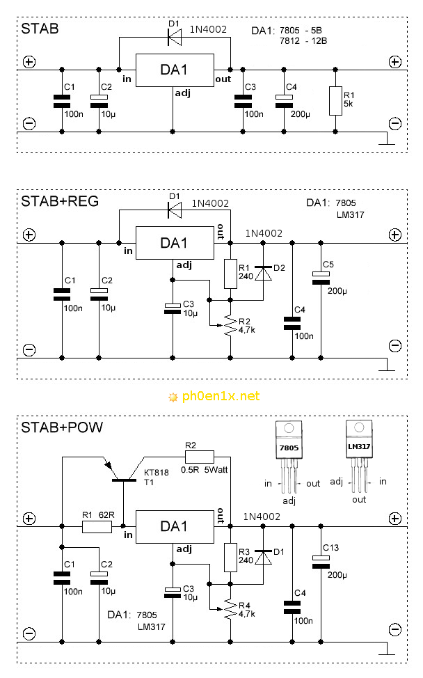 Принципиальные схемы стабилизаторов постоянного напряжения на микросхемах L7805, L78012, LM317
