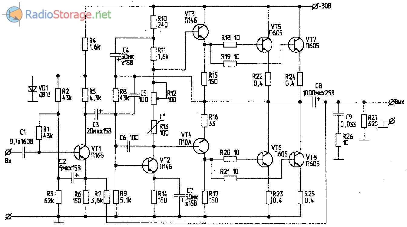 Принципиальная схема УМЗЧ на германиевых транзисторах, 20Вт на 4Ом