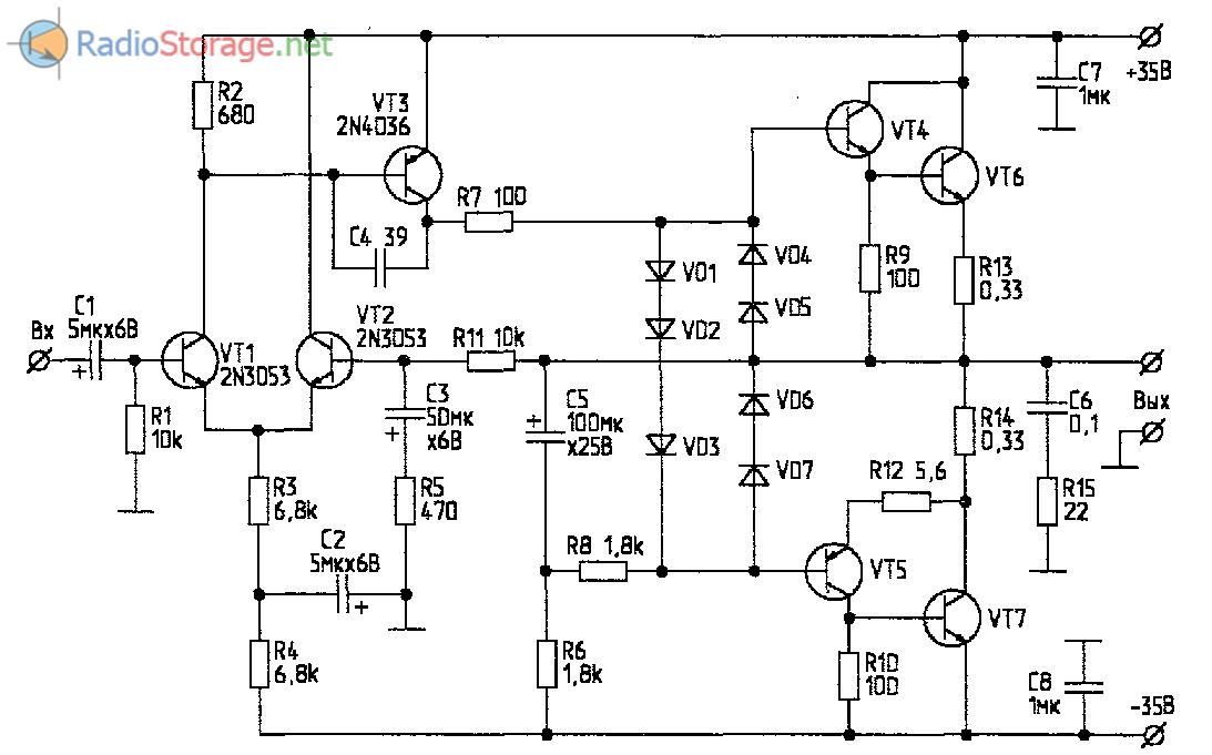 Схема транзисторного УМЗЧ с выходной мощностью 50Вт на 8Ом