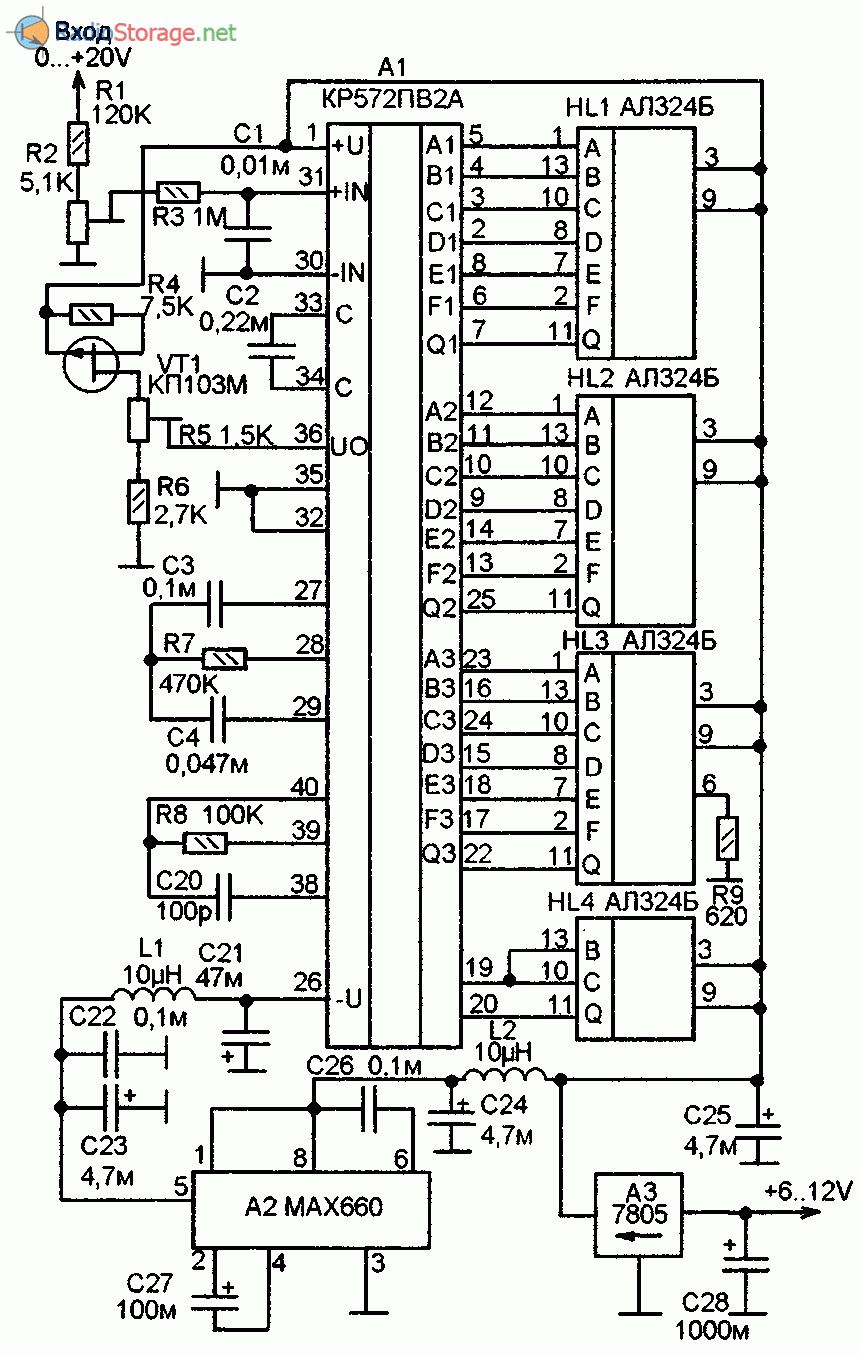 Принципиальная схема самодельного цифрового вольтметра (КР571ПВ2А и индикаторы АЛС324Б)