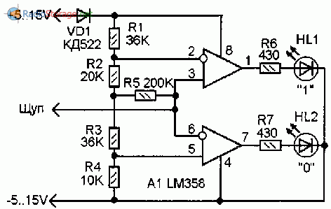 Принципиальная схема логического пробника ан микросхеме LM358